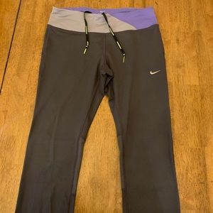 Grey Nike yoga pants with purple waist band